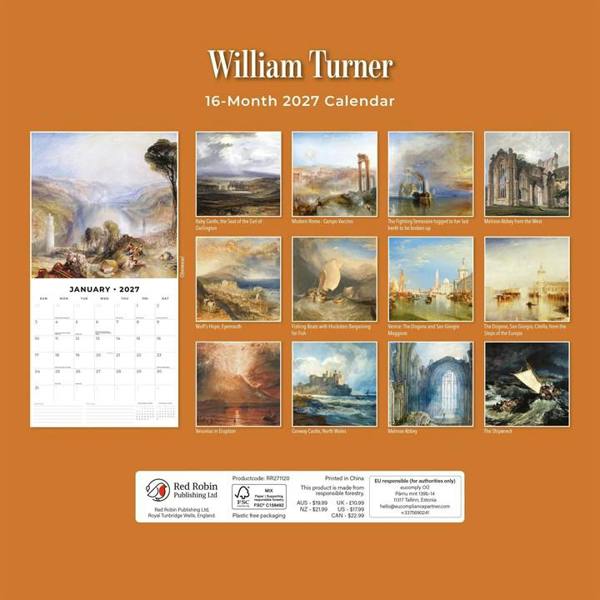 William Turner Calendar 2027, Wall Calendars, Month To View, Art, Gift