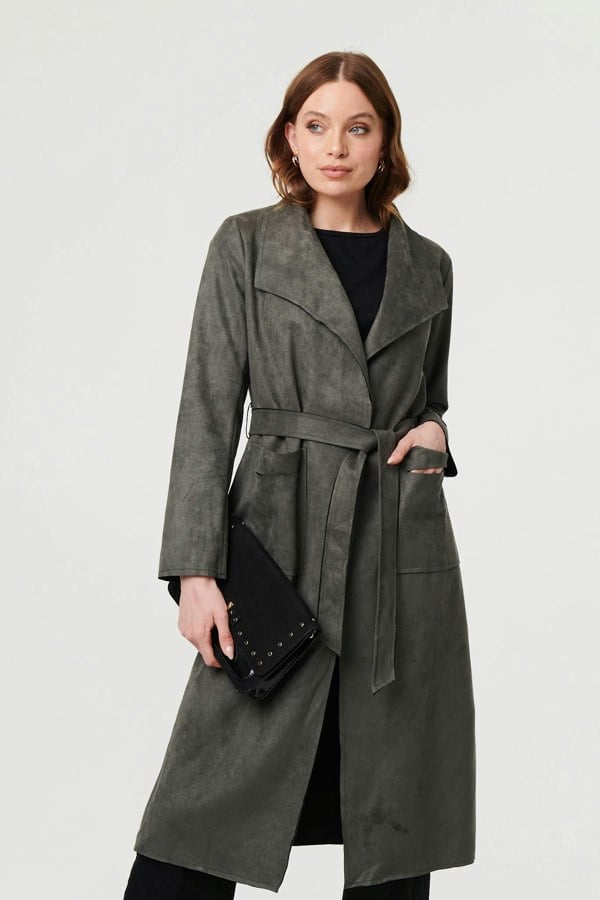 Olive | Suedette Tie Waist Longline Trench Coat