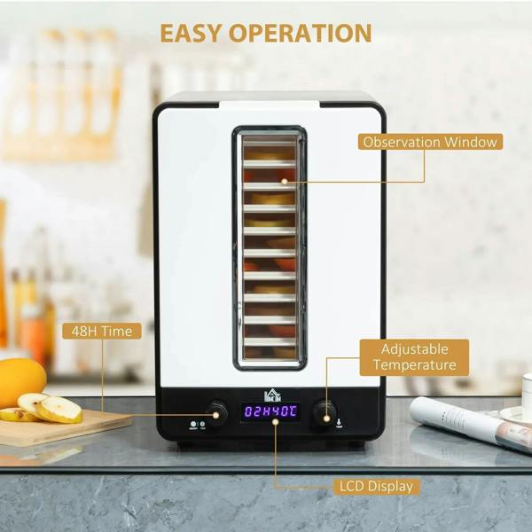 White 11-tray food dehydrator with LCD display, front window, and adjustable controls