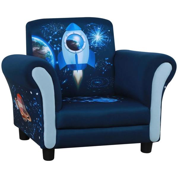 Blue kids armchair with armrests, rocket space graphic on back, padded seat, black legs