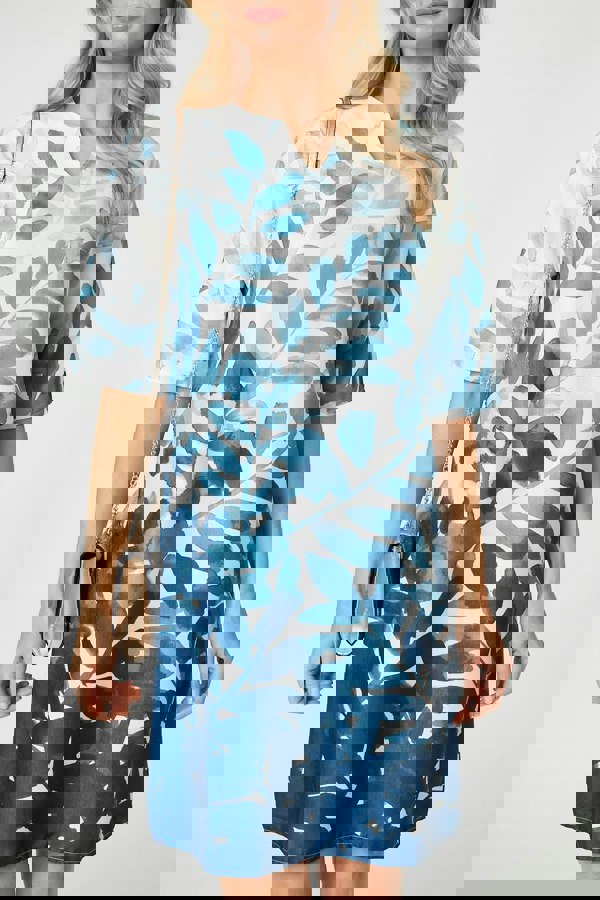 Blue | Leaf Print 3/4 Sleeve Relaxed Shift Dress