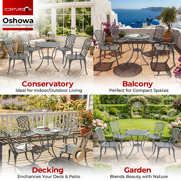Centurion Supports OSHOWA Luxurious Garden and Patio Table and 4 Large Chairs with Armrests Cast Aluminium Bistro Set Grey