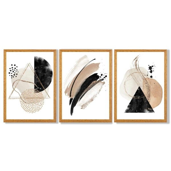Artze Wall Art Abstract Black Beige Set of 3 Watercolour Shapes Framed Wall Art