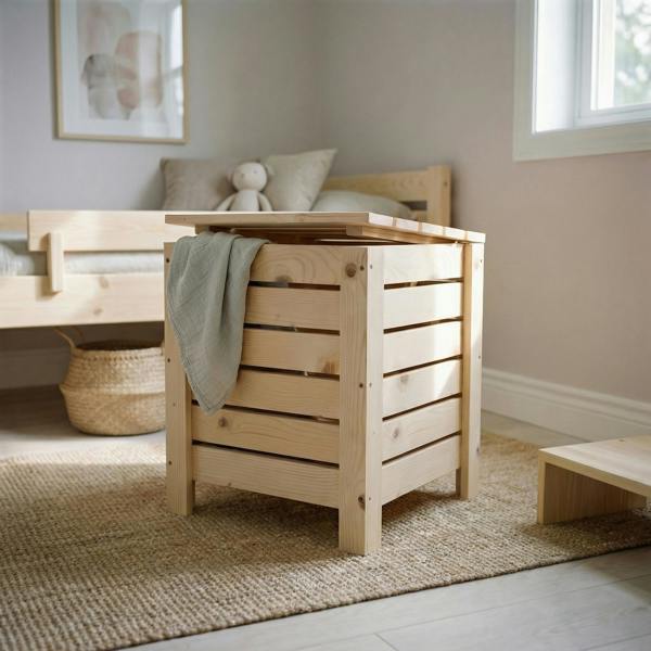 Core Products Narrow Slatted Storage Box with Lid, Pre-Sanded Pine