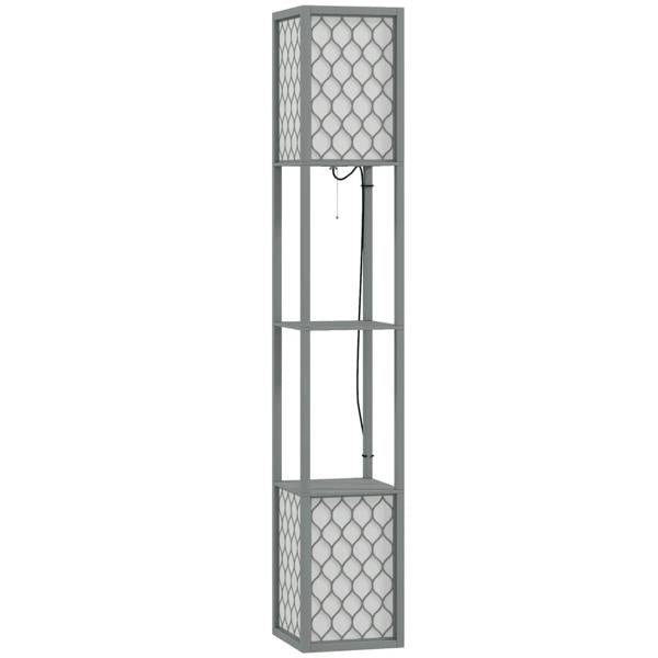 Light grey tall floor lamp with two open shelves, lattice shades and pull-chain switch
