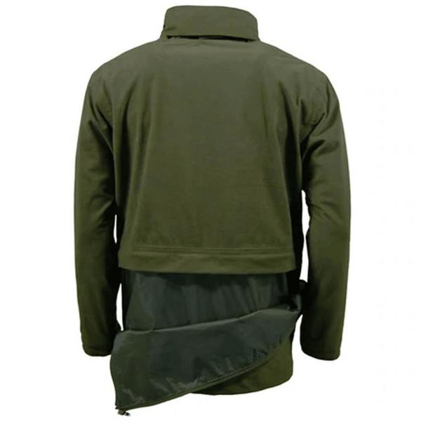 Back view of the Game Stealth Jacket Hunters Green, showing the zip down waterproof seat