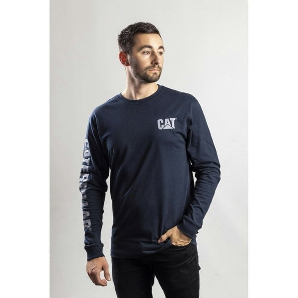Caterpillar Trademark Banner Long Sleeve Cotton Men's Blue T-Shirt