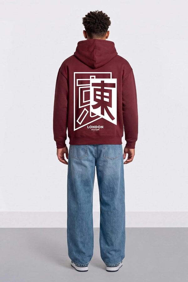 London Attitude Relaxed Fit Japanese Inspired  Graphic Hoodie - Burgundy