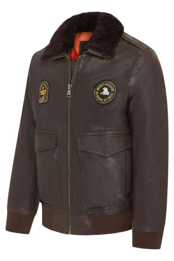 Infinity Leather Men's Leather Bomber Sheepskin Collar G-1 Aviator Jacket - Linear