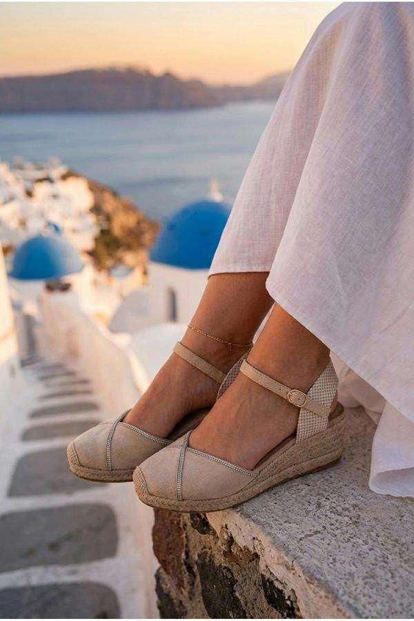 Tula Rhinestone Trim Espadrille Wedges - Beige