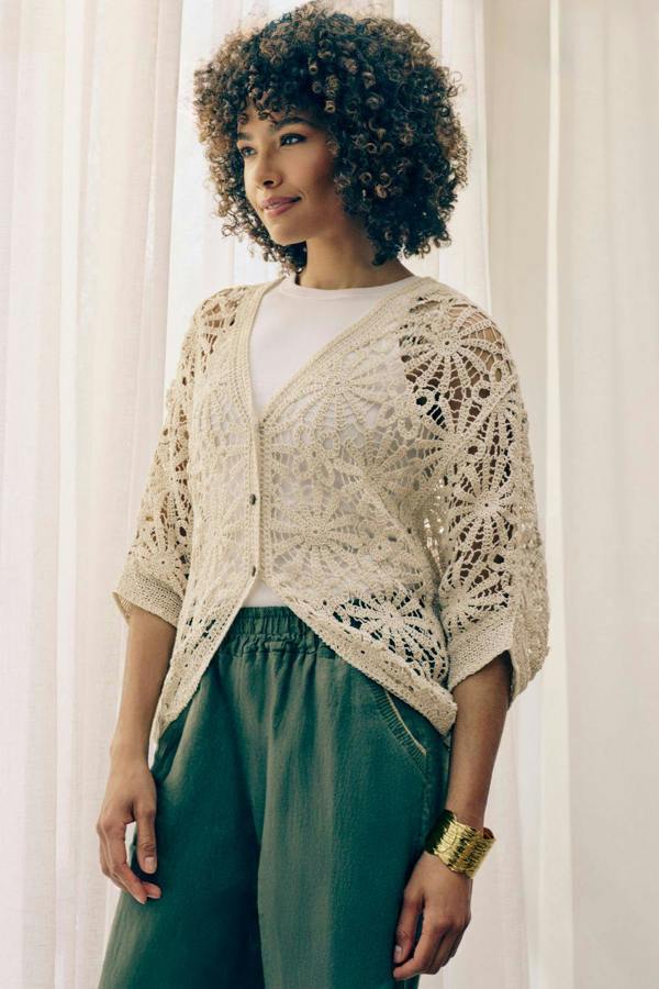 Beige | Floral Crochet Mesh Textured Cardigan : Model is 5'8"/172 cm and wears UK8/EU36/US4/AUS8