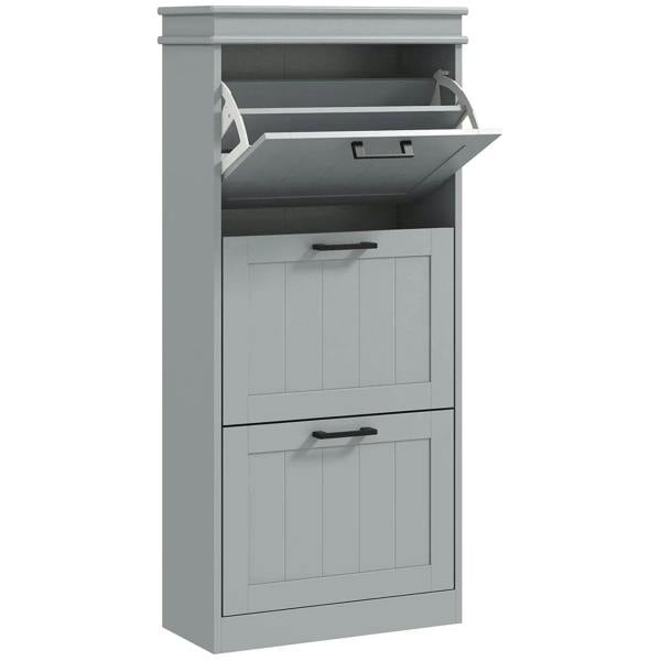Grey shoe cabinet with open top compartment and two drawers