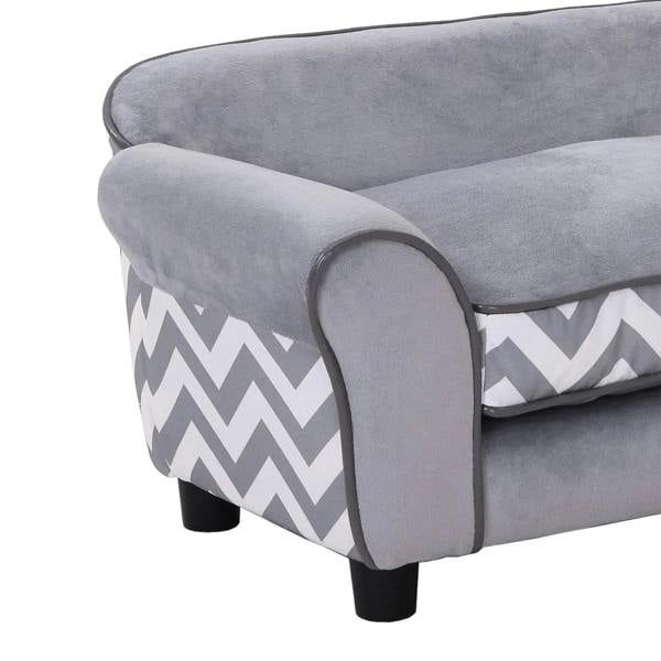 Grey pet sofa bed side view with rounded armrest and chevron front cushion