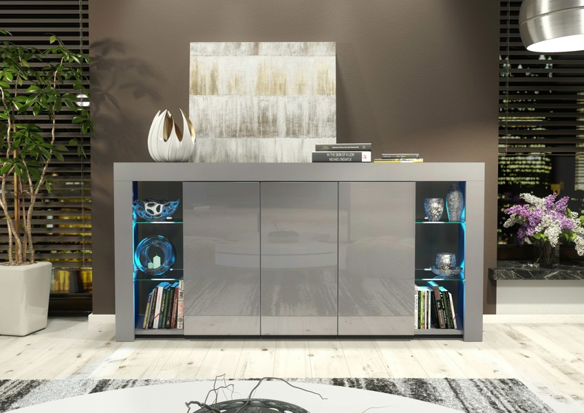 Mex Furniture Exclusive 164cm Cabinet Cupboard Sideboard TV Unit High Gloss Grey Doors & Free LED