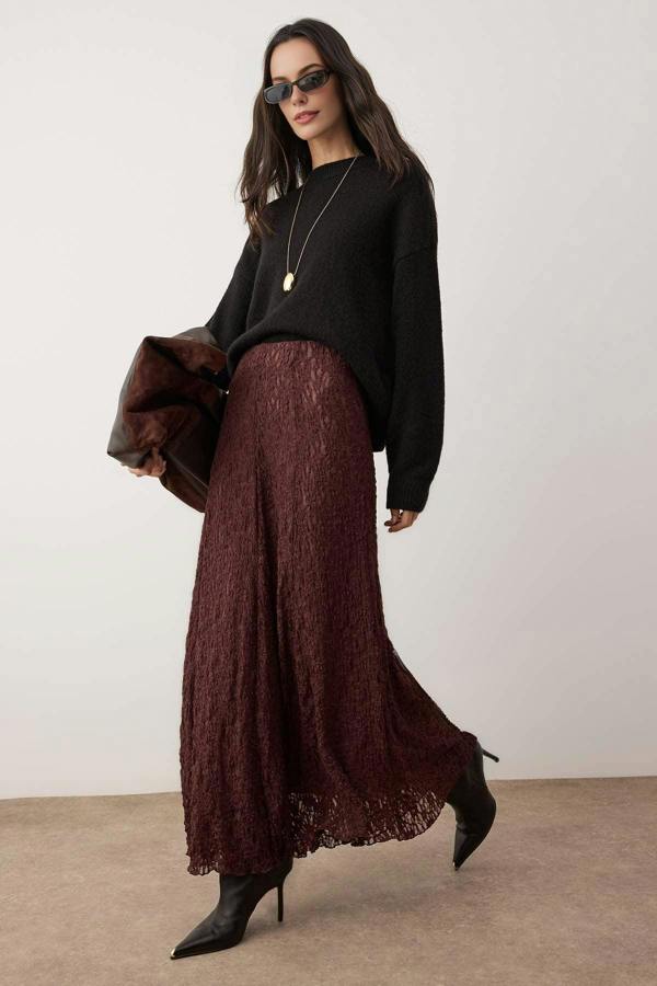 WOVCOR Lined Lace Fabric Knitted Skirt