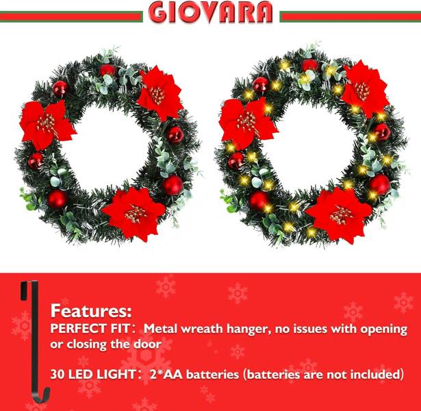 deAO Toys 40cm Christmas Wreath (Hanger Included), Artificial Door Wreath with LED Lights, Xmas Wreath