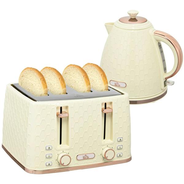 Beige kettle and 4-slice toaster set with sliced bread on slots