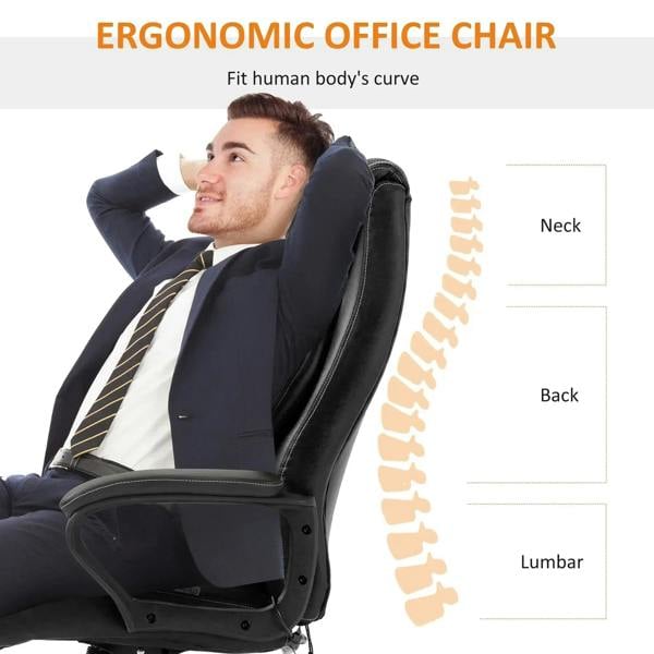 Black ergonomic office chair with high padded backrest and neck and lumbar support
