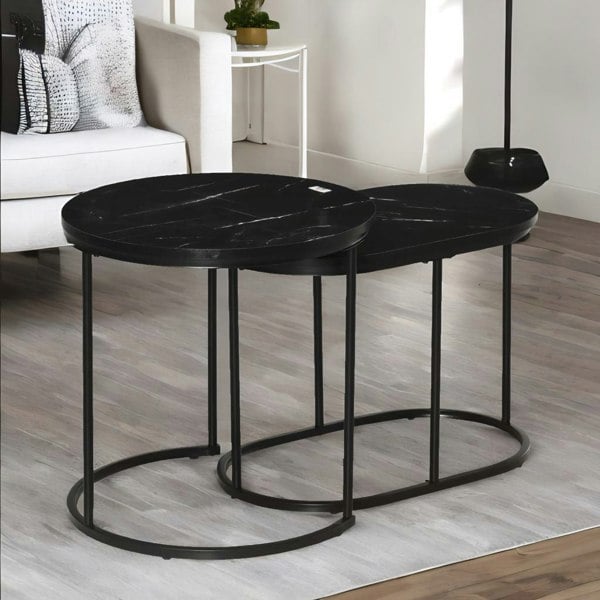 Rafaelo Mobilia 2PC Nesting Tables With Faux Marble Tabletop Black