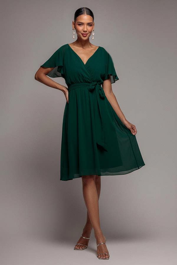 Chiffon Flutter Sleeve Wrap Midi Dress - Dark Green DR2555B