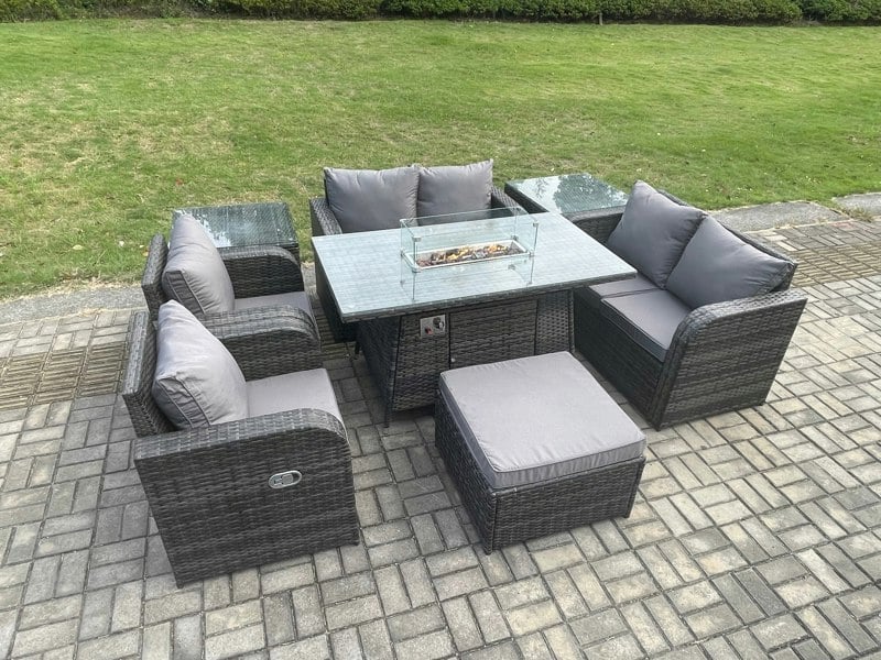 Fimous 7 Seater Rattan Garden Furniture Set Propane Gas Fire Pit Table and Sofa Chair set with 2 Side Tables Big Footstool
