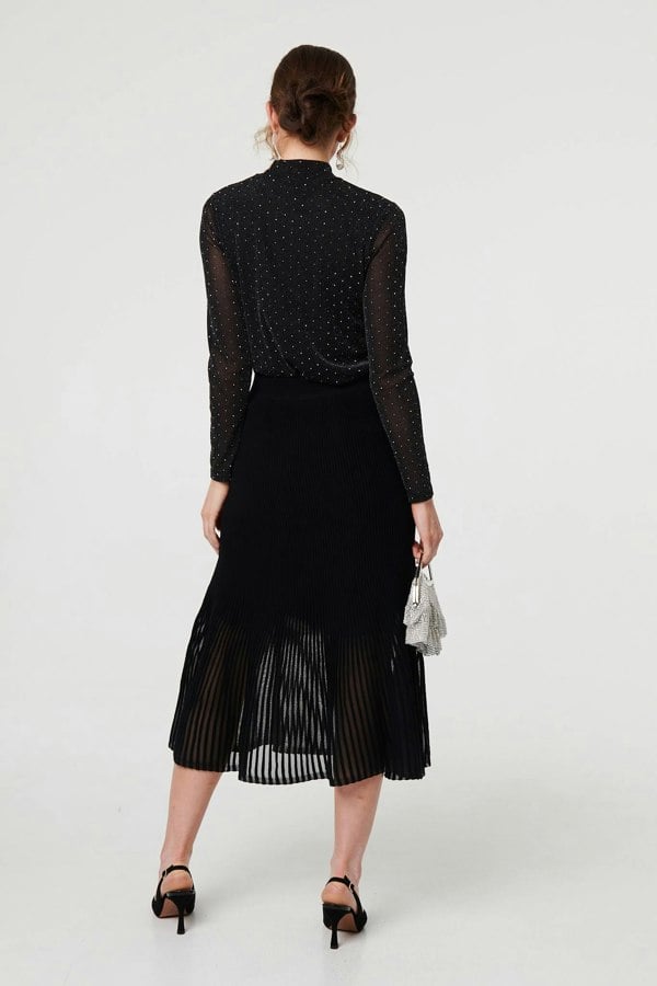 Black | Semi Sheer Pleat High Waist Midi Skirt
