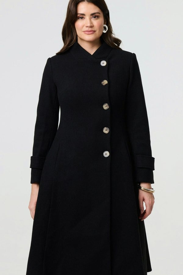 Black | Button Front Funnel Neck Coat
