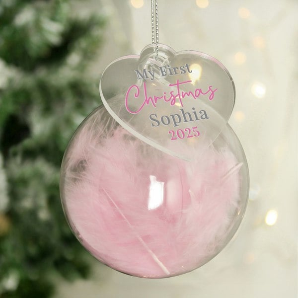 Personalised Memento Company Personalised My 1st Christmas Pink Feather Bauble
