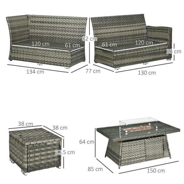 Rattan firepit sofa set size diagram showing sofa, ottomans, and fire table dimensions