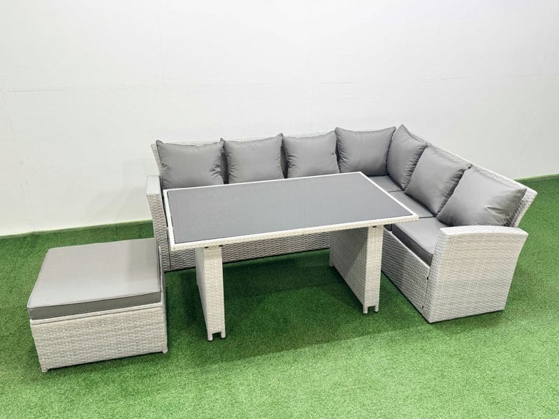 Fimous Outdoor Garden Furniture Sets 7 Seater Wicker Rattan Corner Sofa Sets with Rectangular Dining Table Lounge Sofa Big Footstool Light Grey
