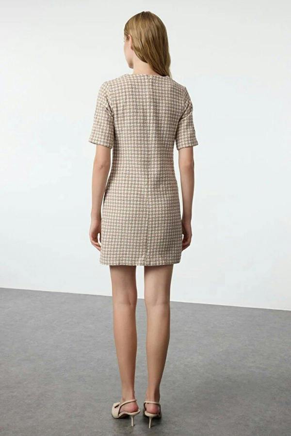 WOVCOR Straight Cut Tweed Woven Dress with Button Detail
