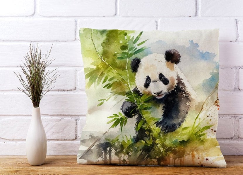 Warren Reed Panda Eating Bamboo Watercolour Cushions