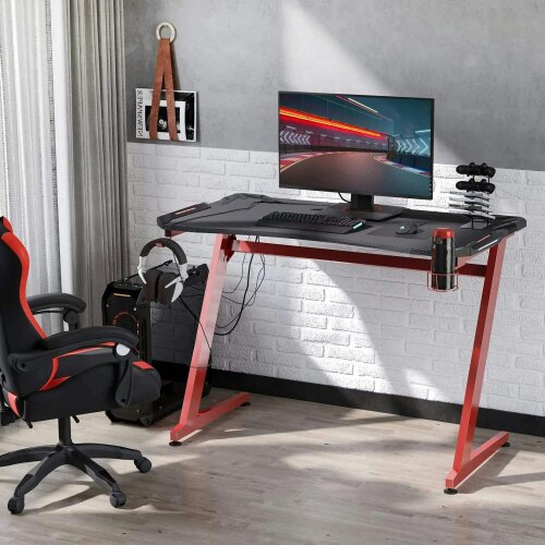 122 x 66 cm Gaming Desk, Carbon Fibre Covered Computer Desk, Gamer Workstation - Headphone Hook, Cup Holder & Gamepad Storage Rack