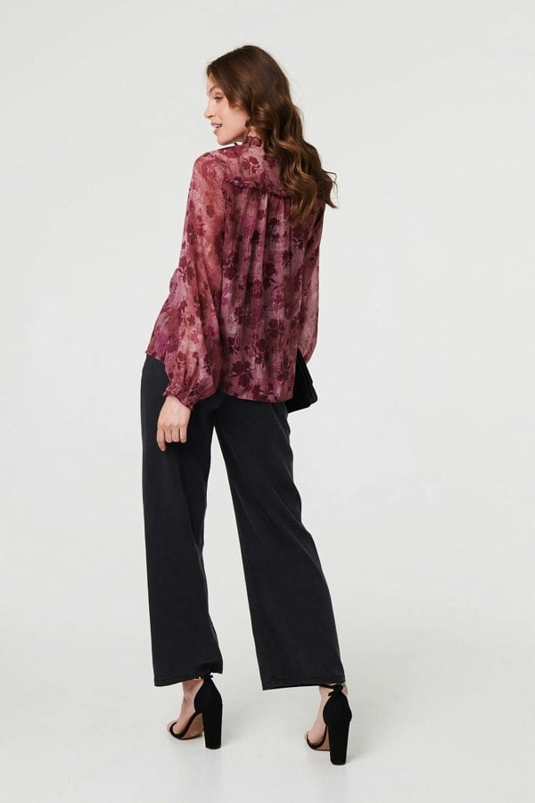 Purple | Floral Semi Sheer Tie Neck Blouse
