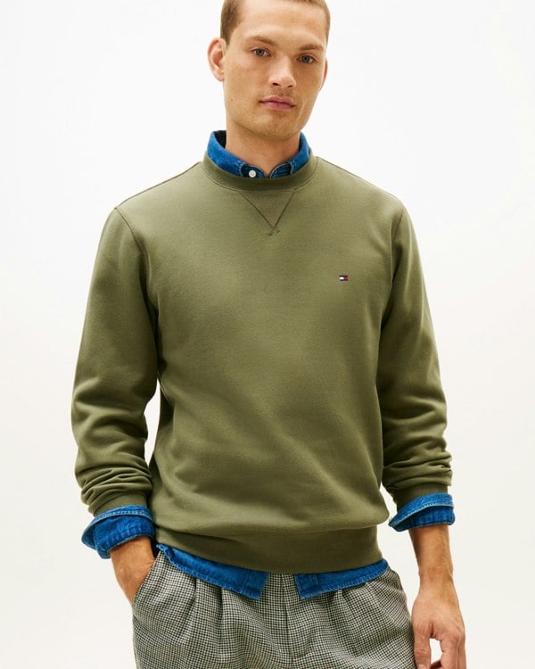 Tommy Hilfiger Essential Flag Embroidery Mens Fleece Crew Sweatshirt - Battle Green - CHO - Designer Mens Sweatshirts