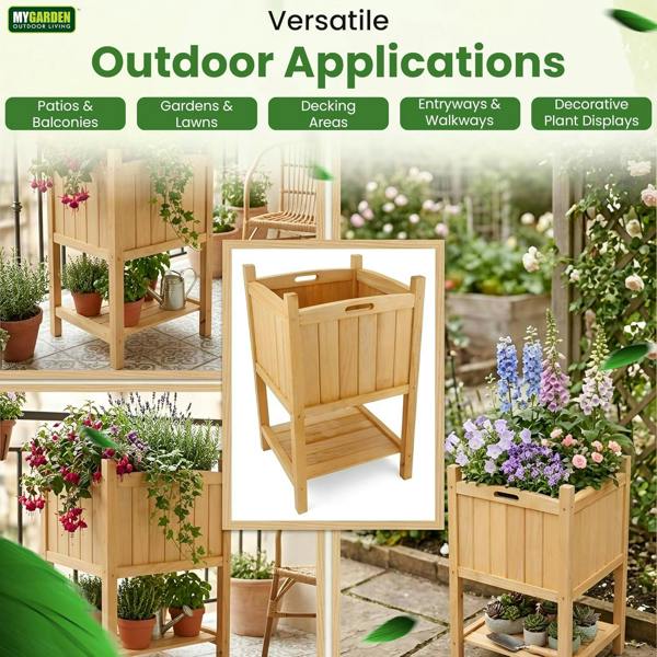 My Garden Outdoor Living My Garden Planter with Storage Shelf & PE Liner – 50 x 50 x 85cm Free Standing Square Wooden Planter for Indoor & Outdoor