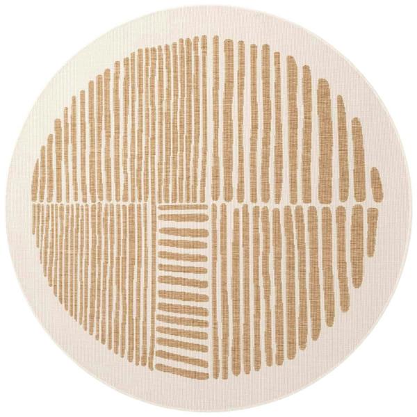 Round beige rug with brown abstract pattern on a white background