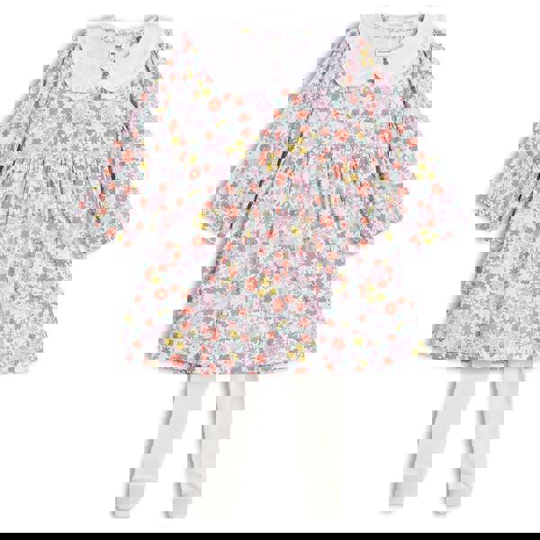 Baby Girls Peter Pan Collar Floral Printed Dress with Tights, Multicolour - Minicuddles