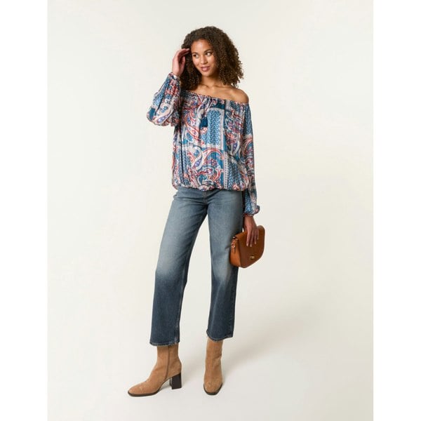 Blue Vanilla Paisley Printed Bardot Puff Ball Blouse