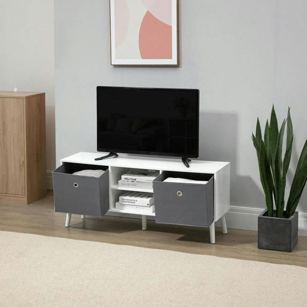 White TV cabinet with flat-screen TV and grey drawers, open storage compartment in center