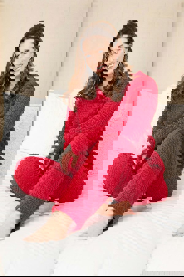 Camille Womens Burgundy Supersoft Fleece Textured Woven Pattern Pyjama Set