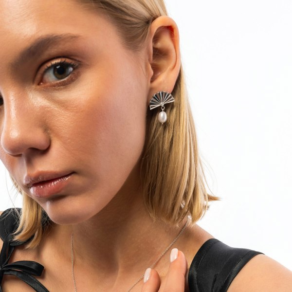 Spero London Fine Diamond Sterling Silver Pearl Drop Fan Earrings
