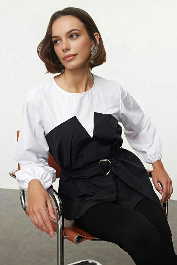 WOVCOR Balloon Sleeve Belted Woven Blouse