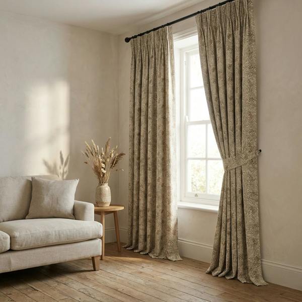 Royan made-to-measure curtains in Natural, styled in a living room