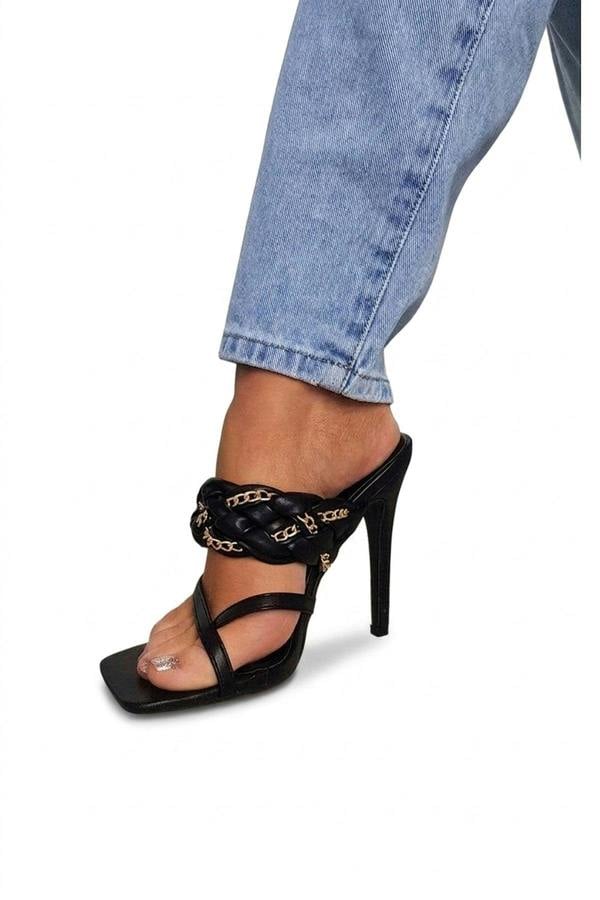Ashley Braided Slip On Mule With Chain Detail - Black Pu_wb