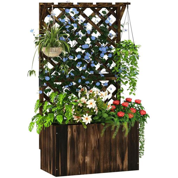Carbonised wooden raised planter with trellis and built-in drainage holes