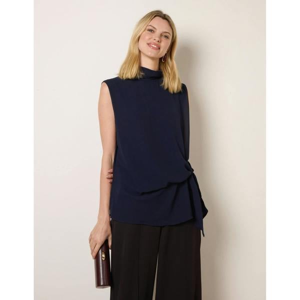 Blue Vanilla Sleeveless Cowl Tie Front Chiffon Blouse
