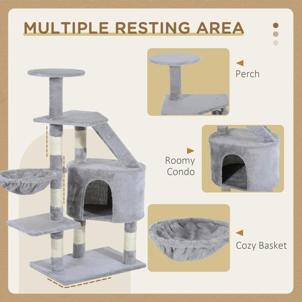 Grey cat tree with perches, roomy condo, and cozy basket on multiple levels