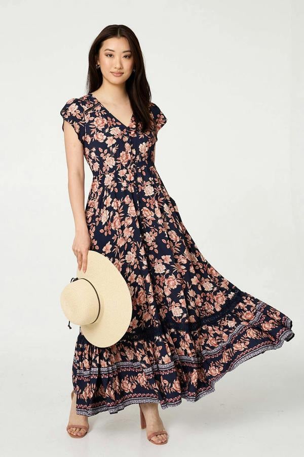 Navy | Lace Trim Tiered Cap Sleeve Maxi Dress