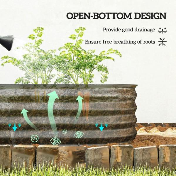Open-bottom dark grey metal planter box cutaway for drainage and root aeration